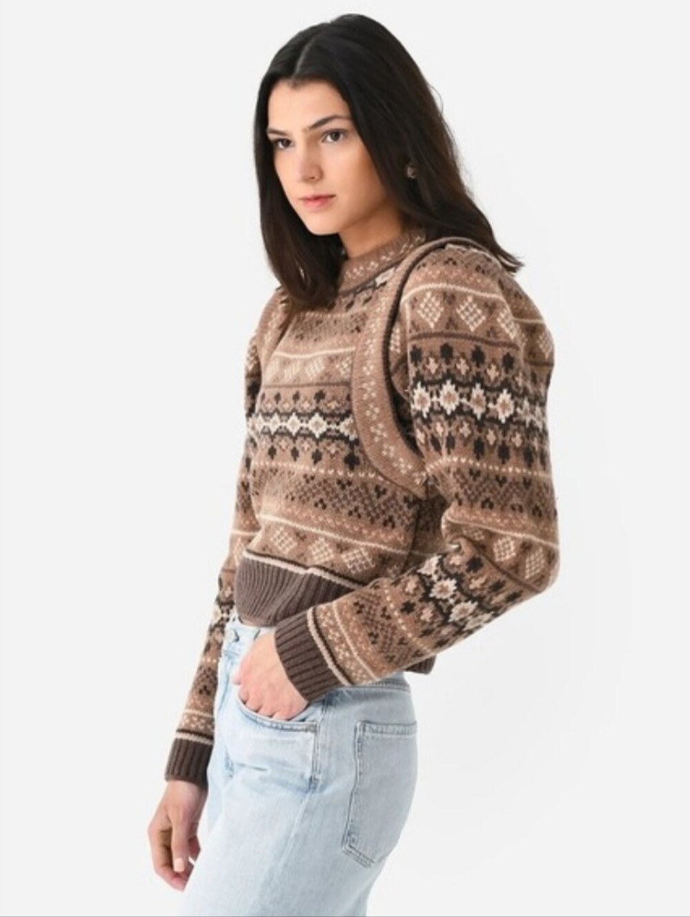 Sea NY Finja Brown Nordic Crop Wool Sweater Size L